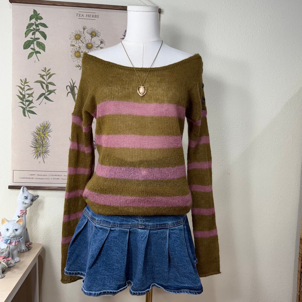 Y2k Green Pink Stripe Mohair Sweater Fairy Grunge Emo Indie Whimsy Twee Forest M